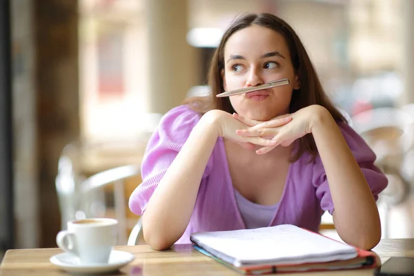 Distracted Student Playing Pen Coffee Shop Terrace — Stock Photo, Image