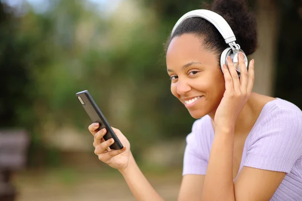 Szczęśliwa Czarna Kobieta Słuchawkach Słuchająca Muzyki Patrzącej Kamerę Parku — Zdjęcie stockowe