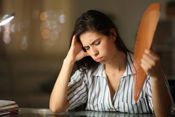 Stressed Woman Fanning Home Heat Stroke Night — Stock Photo, Image