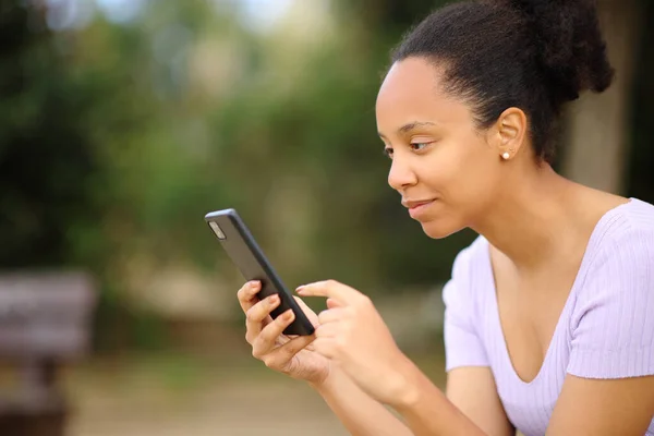 Perfil Una Mujer Negra Usando Teléfono Inteligente Sentado Parque — Foto de Stock