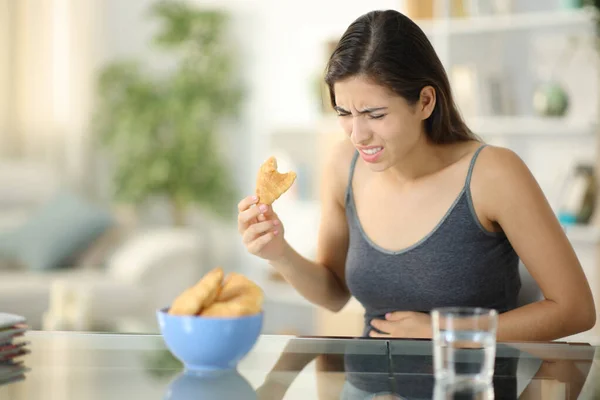 Glutton Woman Suffering Stomach Ache Eating Bakery Home — Stock Photo, Image