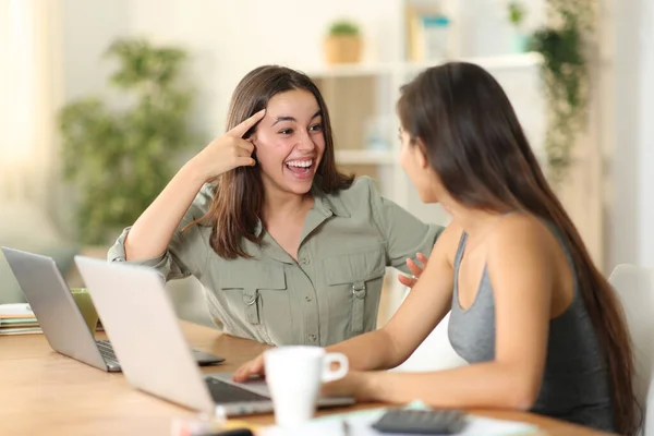 Happy Tele Worker Having Idea Talking Colleague Home — Stock Photo, Image