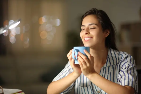 Happy Woman Drinking Tea Breathing Night Home — Stock Photo, Image