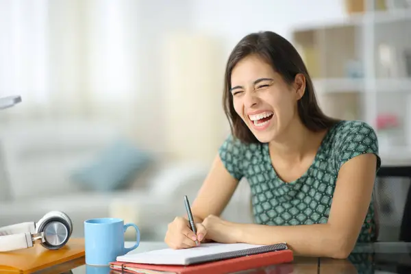 Happy Student Laughing Loud Studying Home — Stock Photo, Image