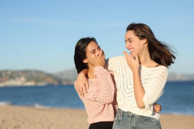 Mutlu en iyi arkadaşlar konuşuyor ve gülüyor sahilde