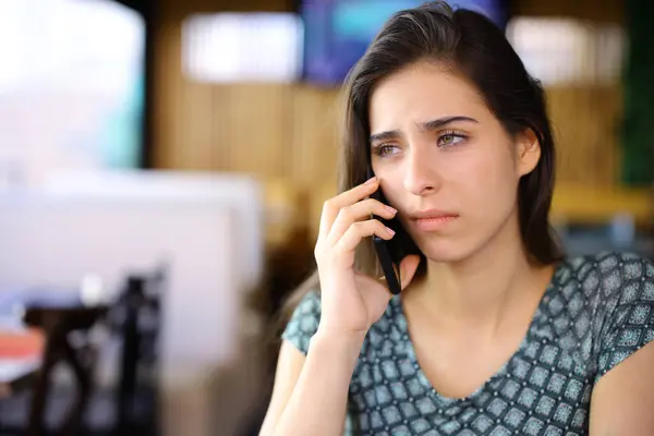 Sad Woman Talking Phone Bar Interior — Stock Photo, Image