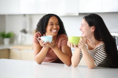 Mutlu ev arkadaşları evdeki mutfakta konuşuyor ve kahve içiyor.