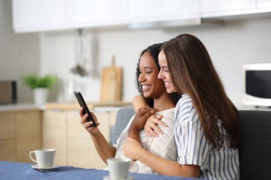Mutlu lezbiyen çift evdeki mutfakta telefon kullanıyor.