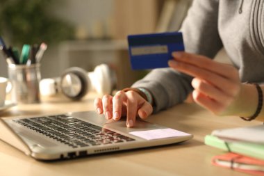 Gece evde internetten ödeme yapan bir öğrencinin portresini kapat.