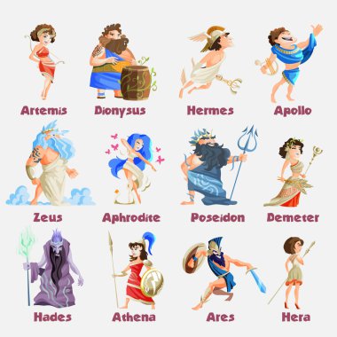 Dionysos zeus poseidon aphrodite apollo athena vektör illüstrasyonlu eski Yunan tanrıları çizgi film figürleri.