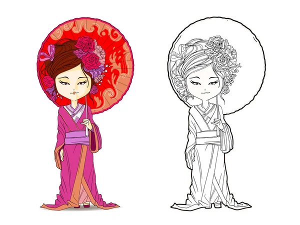 Piękny Wózek Japońskie Dziewczyny Ustawić Stoisko Kimono Młoda Geisha Parasolem — Wektor stockowy
