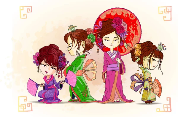 Hermosas Chicas Japonesas Pie Sentarse Kimono Joven Geisha Con Paraguas — Vector de stock