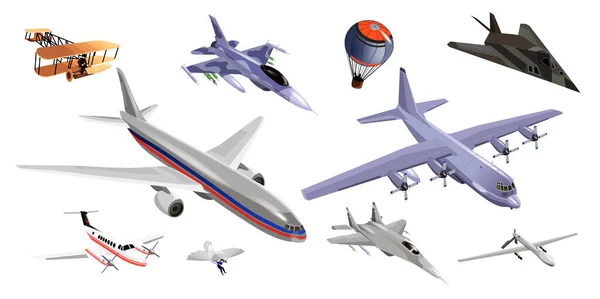 Ensemble Avions Militaires Passagers Avion Chasse Ballon Deltaplane Ancien Modèle — Image vectorielle