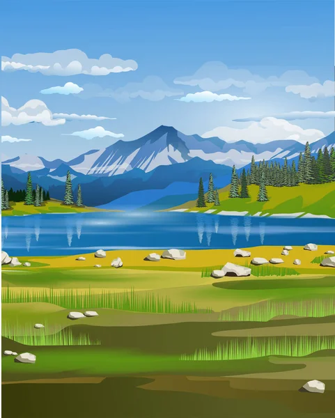 Beautiful spring landscape with an emerald lake, forest, mountains and a large spruce in the foreground. Landscape background for your arts.