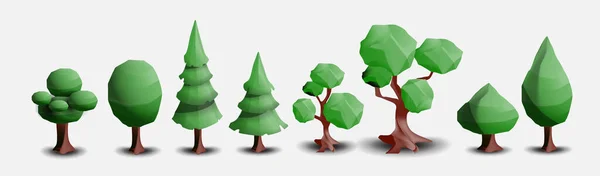 白い背景に隔離された落葉樹と針葉樹のベクトルセット ベクトル漫画の木 漫画の3D環境のための風景要素 ゲームグラフィック — ストックベクタ