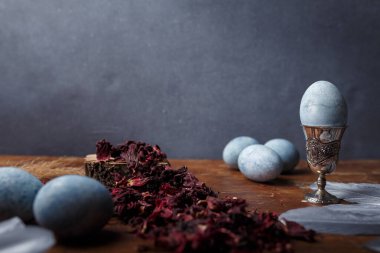 Mavi boyalı Paskalya yumurtaları, yumurta kabında bir yumurta, kuru Hibiscus çayı ve ahşap arka planda gümüş dekoratif tüyler, kopyalama alanı