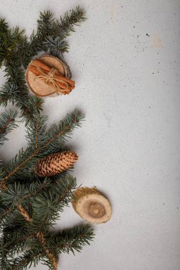 Külahlı mavi köknar ağacı dalı, ahşap kesim ve beyaz ahşap arka planda tarçın çubukları. Noel kartı, kopyalama alanı, dikey çekim