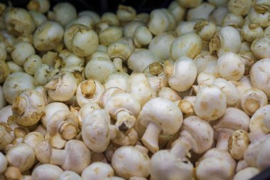 Süpermarkette yıkanmamış küçük organik mantarlar, bakkalda yiyecek geçmişi.
