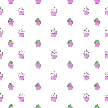 Renkli kalemlerle çizilmiş kusursuz bir kaktüs çizimi örneği. Beyaz arka planda saksılarda çiçek açan kaktüsler.