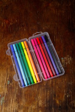 Çok renkli keçeli kalemler ya da tahta masa arkasındaki plastik kutuda ince dolma kalemler. Sanat araçları