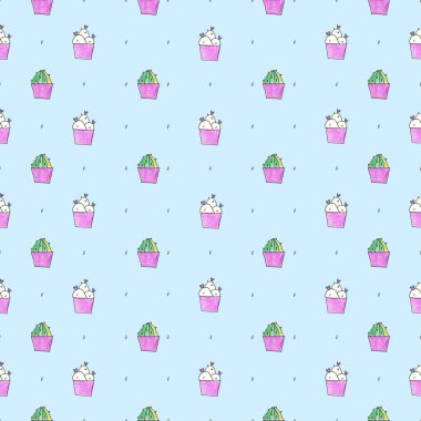 Renkli kalemlerle çizilmiş kusursuz bir kaktüs çizimi örneği. Çiçek saksılarında açan kaktüsler mavi arka planda