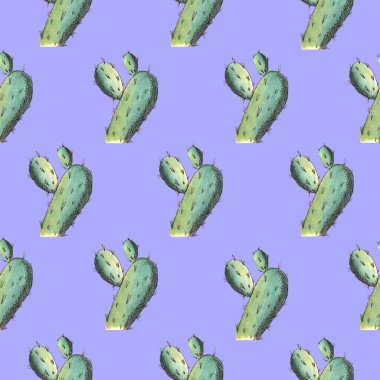Kaktüs resimleme, suluboya ve mor mavi arkaplanda dikişsiz siyah kalem deseni