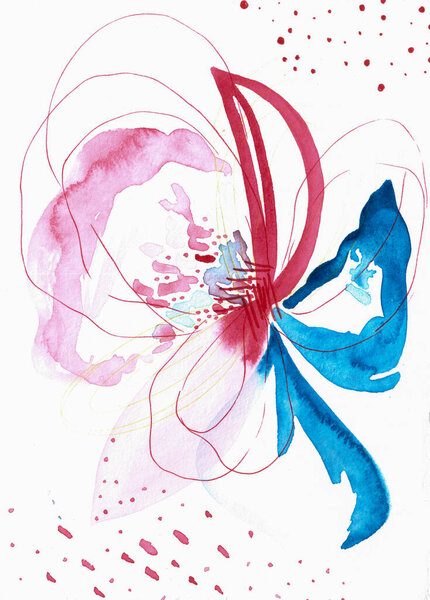 abstract watercolor blue pink flower shape on white background with dots, lines and splashes