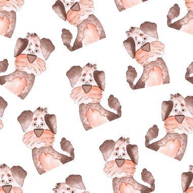 Beyaz arka planda kahverengi renkli komik köpek yavrusu elinin kusursuz deseni, şirin bir illüstrasyon.