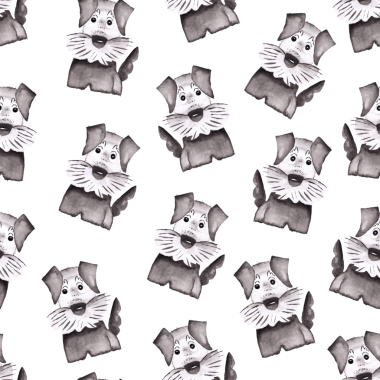 Beyaz arka plan üzerine boyanmış komik gri suluboya köpek eli kusursuz desen, şirin illüstrasyon