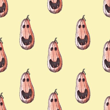 Sarı arka planda yüzleri olan balkabaklarının kusursuz el çizimi Cadılar Bayramı deseni