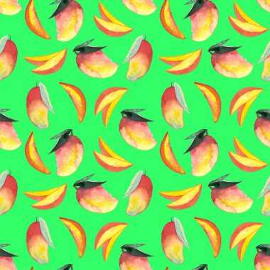 Bütünün kusursuz deseni ve kesilmiş mango el boyası yeşil arka planda suluboya çizimi