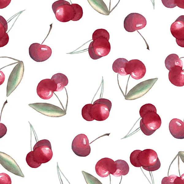 Suluboya kiraz elementlerinin kusursuz deseni, beyaz arka planda elle boyanmış çizimler