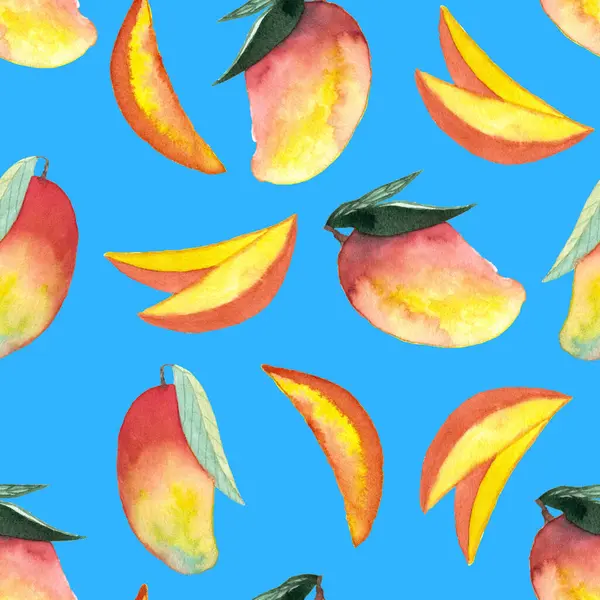Bütünün kusursuz deseni ve kesilmiş mango el boyası mavi arkaplanda suluboya çizimi