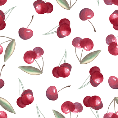 Suluboya kiraz elementlerinin kusursuz deseni, beyaz arka planda elle boyanmış çizimler