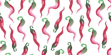 Beyaz arka planda suluboya kırmızı acı biber çiziminin kusursuz deseni. El boyaması elementler