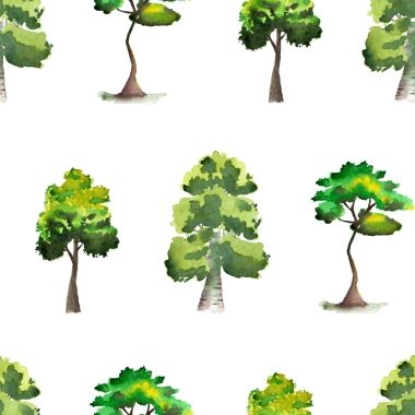 Yeşil suluboya ağaçlarının kusursuz deseni, beyaz arka planda elle boyanmış, illüstrasyon elemanları
