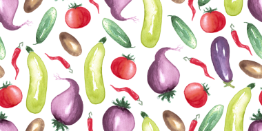 Beyaz arka planda suluboya sebze elementlerinin kusursuz deseni. Farklı sebzeler elle boyanmış. Biber, patlıcan, pancar, domates, salatalık, kabak, patates.