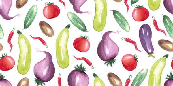 Beyaz arka planda suluboya sebze elementlerinin kusursuz deseni. Farklı sebzeler elle boyanmış. Biber, patlıcan, pancar, domates, salatalık, kabak, patates.