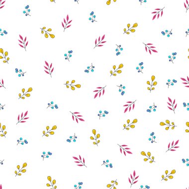 Beyaz arka planda kırmızı, sarı ve mavi yaprakların kusursuz deseni renkli kalemlerle çizilmiş.