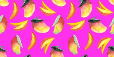 Pembe arka planda kusursuz bir mango deseni ve elle boyanmış suluboya çizimi