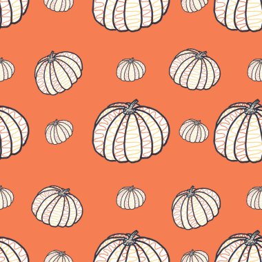 Turuncu arka planda büyük ve küçük el çizimlerinin kusursuz deseni. Keçeli kalem çizimi