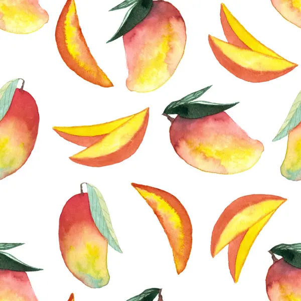 Bütünün kusursuz deseni ve beyaz arka planda boyalı mango el resmi.