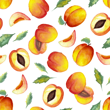 Sulu boyanın kusursuz deseni ve beyaz arka planda yapraklı yarı yarıya kayısılar.