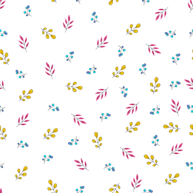 Beyaz arka planda kırmızı, sarı ve mavi yaprakların kusursuz deseni renkli kalemlerle çizilmiş.