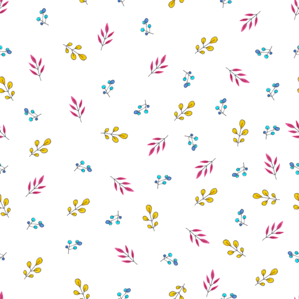 Beyaz arka planda kırmızı, sarı ve mavi yaprakların kusursuz deseni renkli kalemlerle çizilmiş.