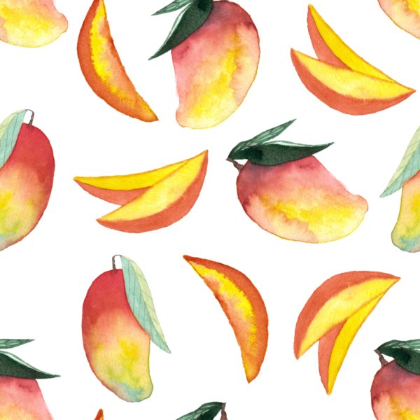 Bütünün kusursuz deseni ve beyaz arka planda boyalı mango el resmi.