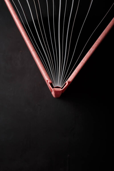 Полуоткрытая фотокнига, фотоальбом в розовой кожаной обложке на черном фоне. Крупный план книжного позвоночника, вид сверху. Копирование пространства