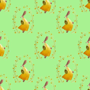 Paskalya yumurtası ve yeşil arka planda çiçek açan sarı elbiseli tatlı tavşanın kusursuz deseni. el boyaması bahar çizimi