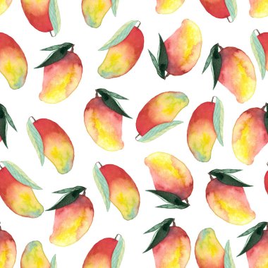 Bütünün kusursuz deseni ve beyaz arka planda boyalı mango el resmi.
