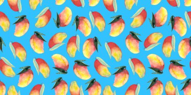 Bütünün kusursuz deseni ve kesilmiş mango el boyası mavi arkaplanda suluboya çizimi